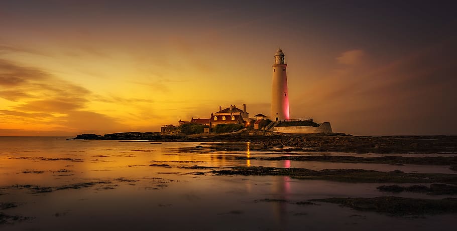 White Lighthouse Near Seashore, beach, dawn, evening, long exposure HD wallpaper