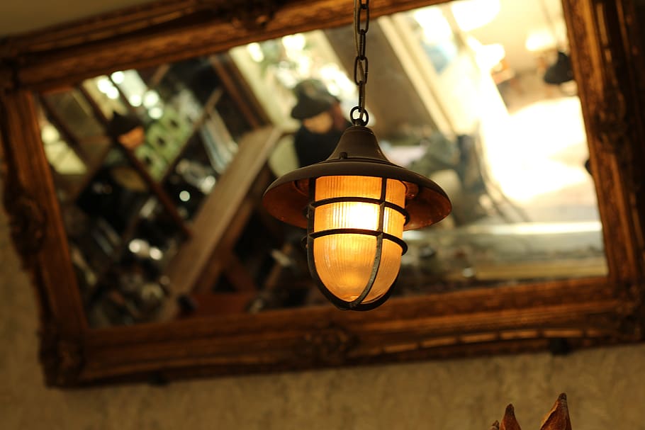 lamp, light, mirror, reflection, coffee place, hanging, lighting equipment HD wallpaper