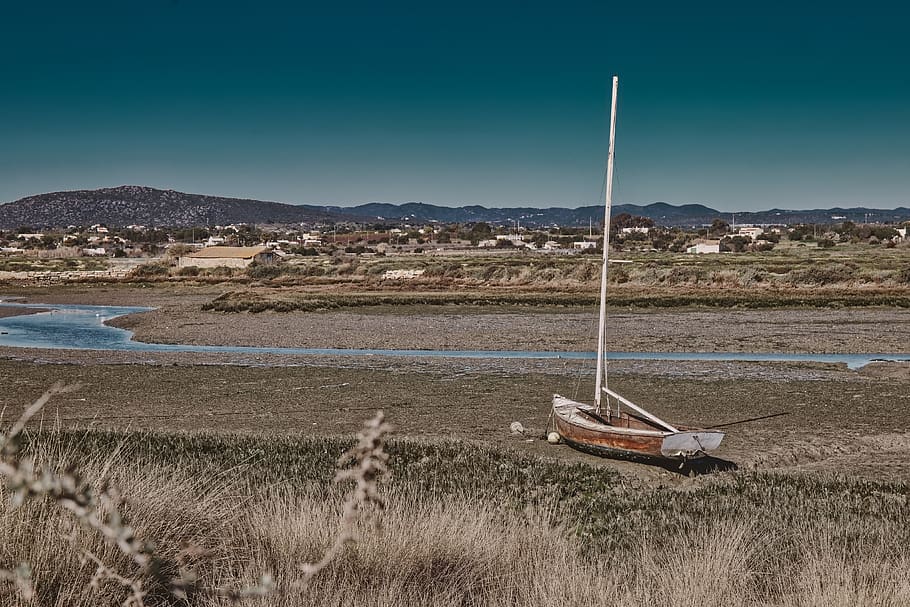 boat, dry, shore, drought, landscape, fishing, nature, wreck HD wallpaper