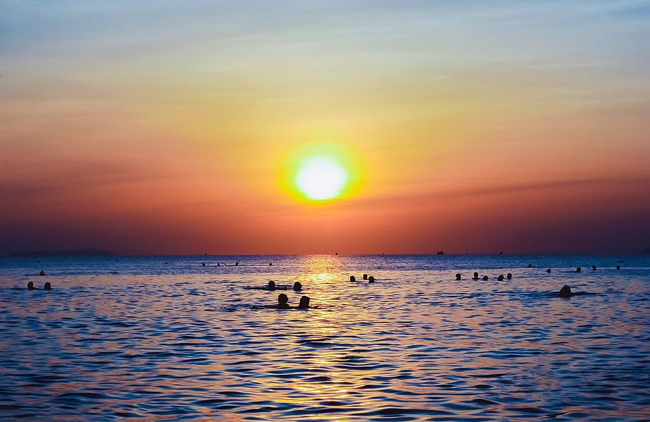 People At The Beach, backlit, dawn, ocean, sea, seascape, sky HD wallpaper