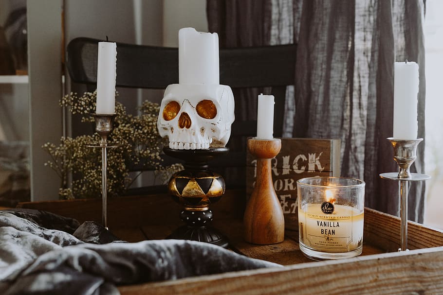 Halloween Decorations & Candles, autumn, fall, skull, horror HD wallpaper