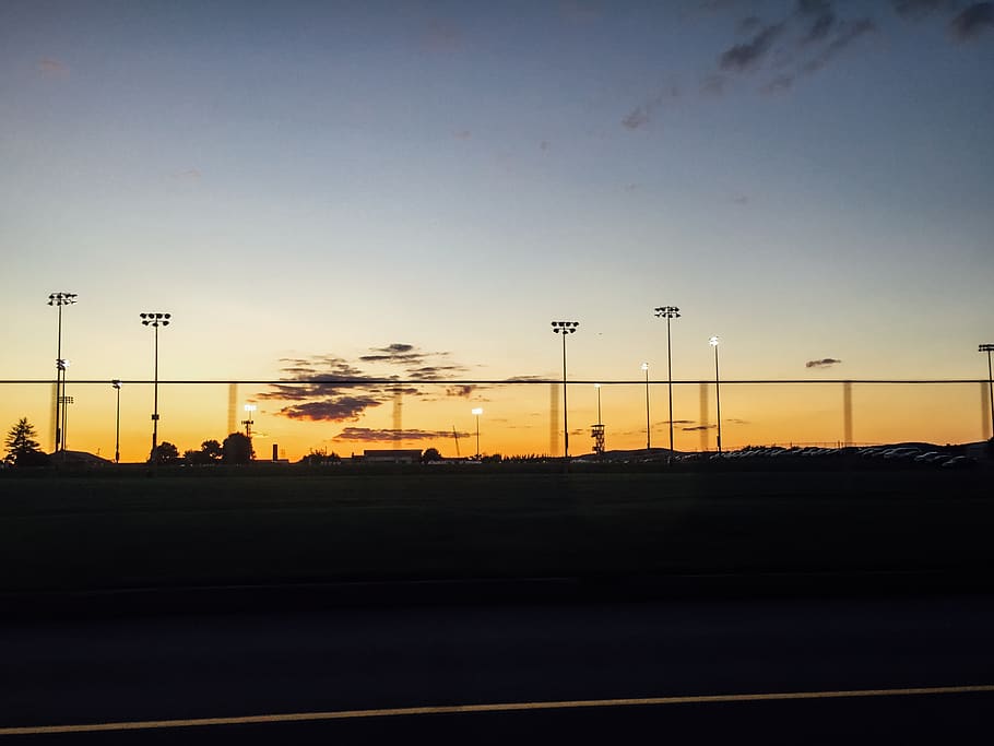 sunset, park, sky, clouds, silhouette, nature, street light HD wallpaper