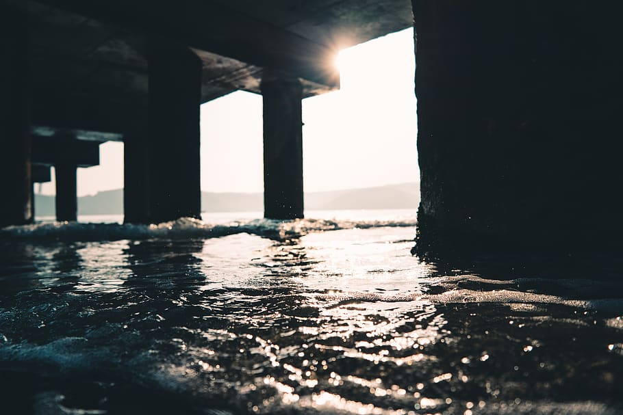 Photography of Sea Water Under The Dock, backlit, beach, bridge HD wallpaper