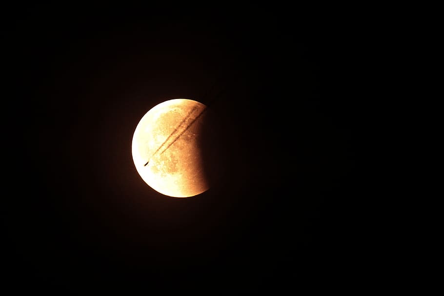 moon, eclipse, red moon, plane, airplane, sky, night, night sky HD wallpaper
