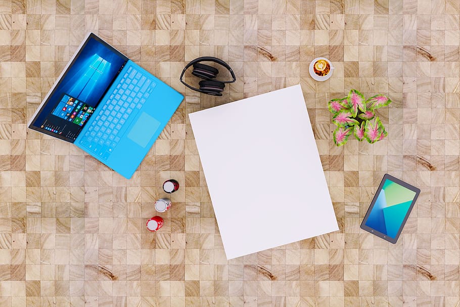 laptop, notebook, poster, mockup, tablet, plant, coke, headphone HD wallpaper