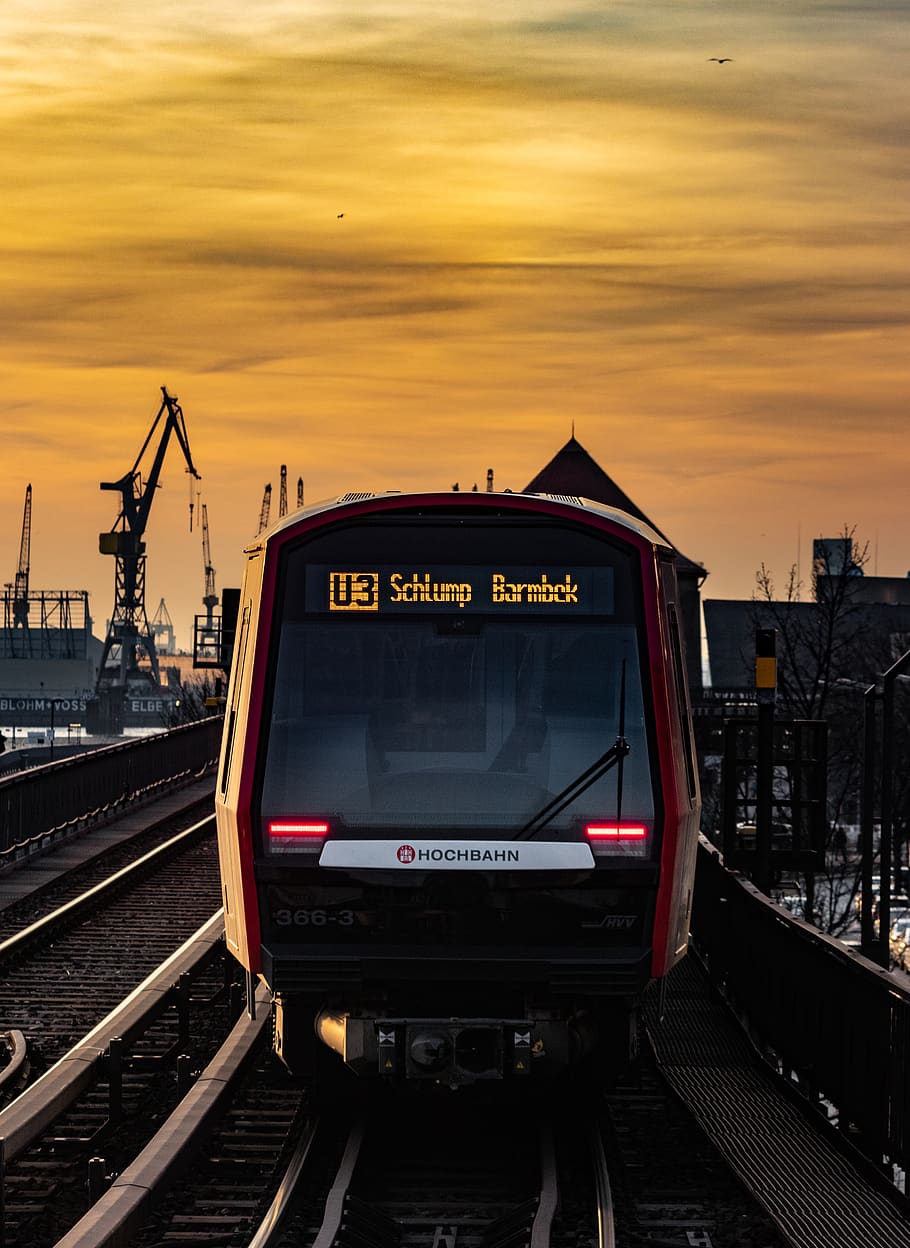 black electric train, rail transportation, sky, sunset, mode of transportation HD wallpaper