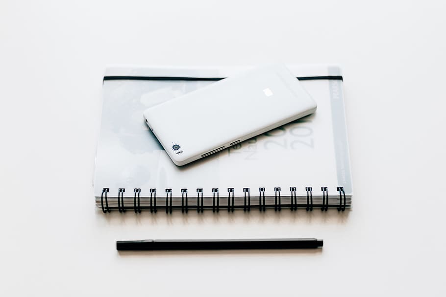 black and white, notebook, pen, mobile, phone, smartphone, gadget HD wallpaper