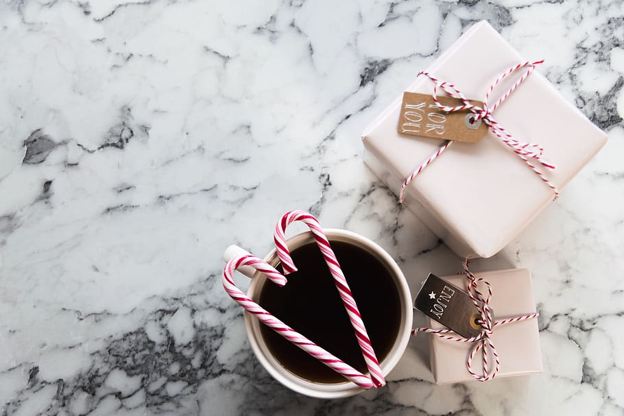 white ceramic mug beside gift boxes, marble, holidays, tea, presents, HD wallpaper