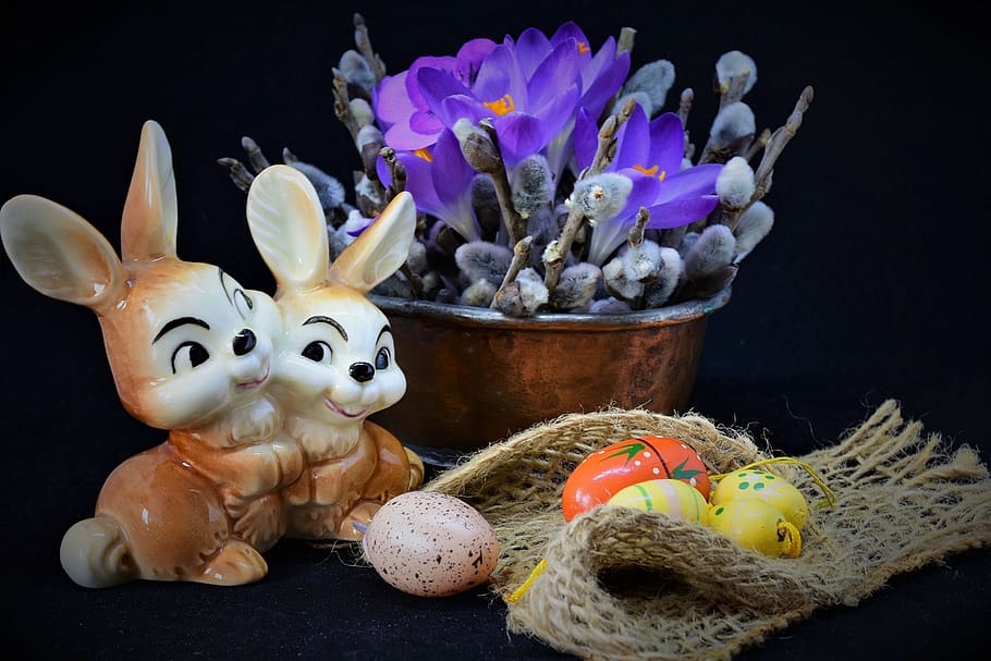 easter, easter theme, still life, crocus, palm branches, early bloomer HD wallpaper