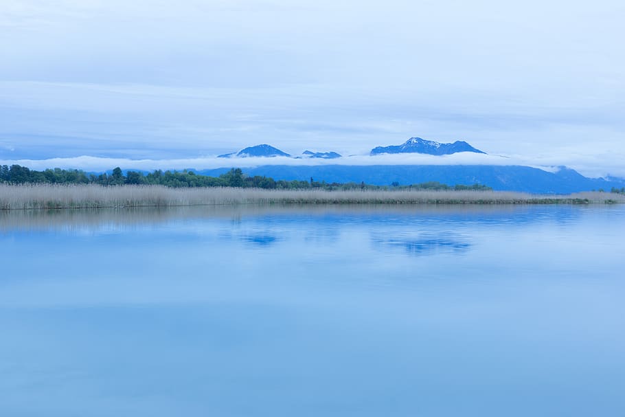 germany, rimsting, mountains, clouds, water, lake, nature, reed HD wallpaper