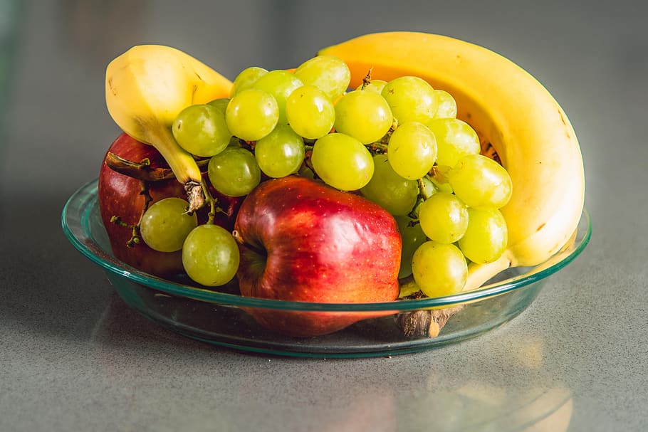 fruit, apples, bananas, nature, eating, food, vitamins, plate with fruits HD wallpaper