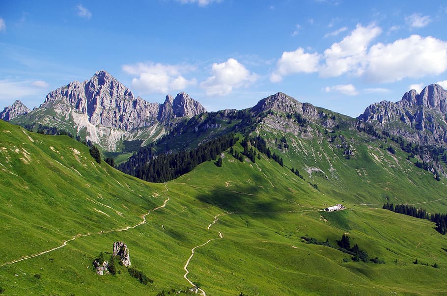 mountains, panorama, alpine, nature, hiking, landscape, sky HD wallpaper