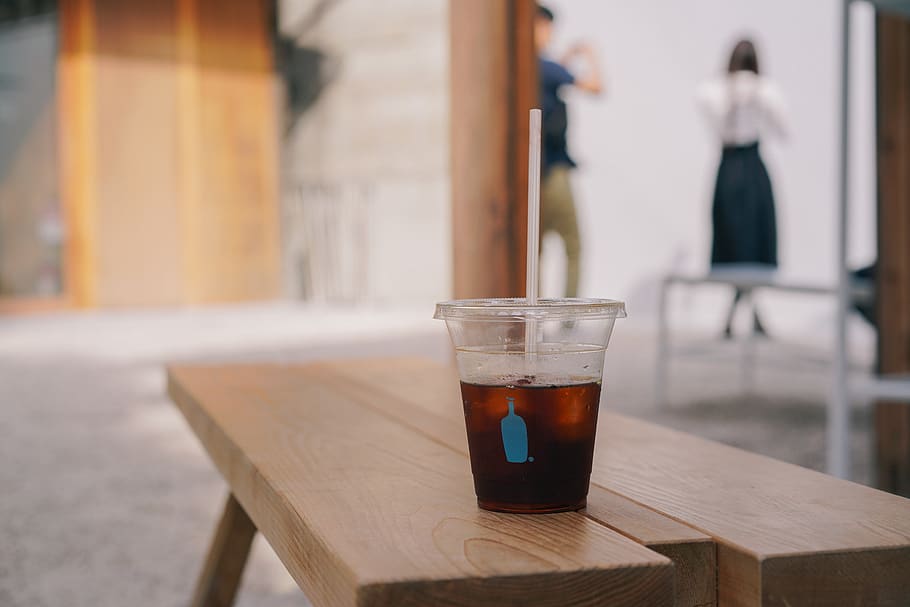 clear plastic cup half empty on wooden bench, plywood, hardwood HD wallpaper
