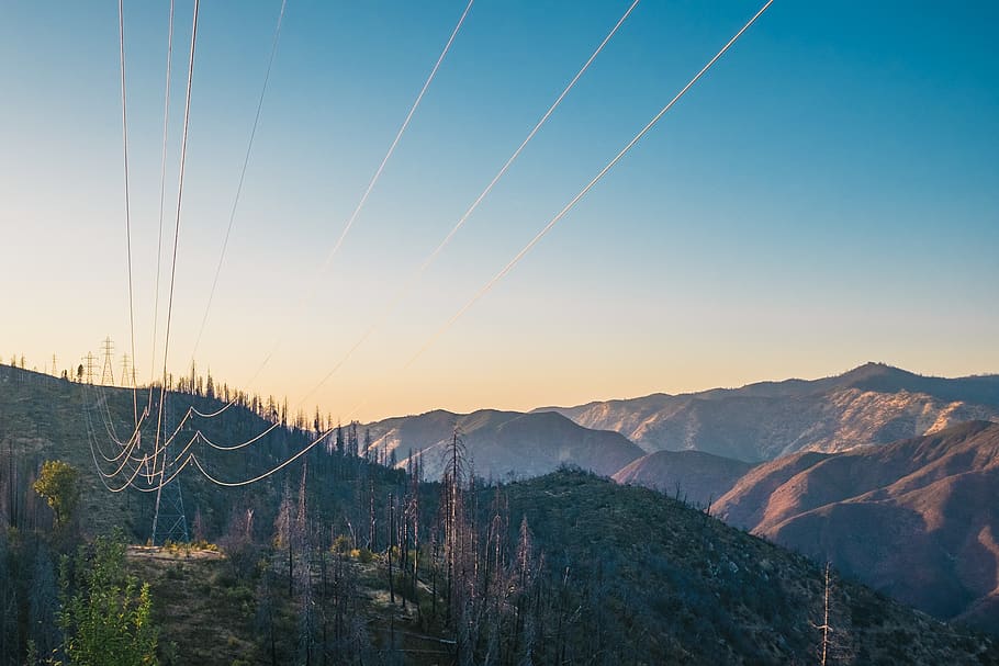 landscape, mountain, electricity, trees, view, wallpaper, sunset HD wallpaper