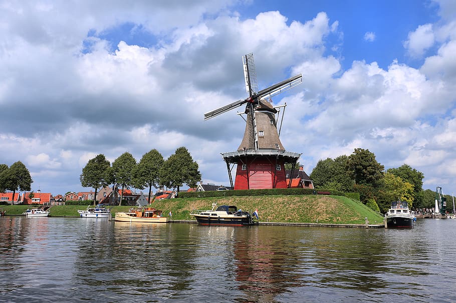 netherlands, dokkum, water, wind turbine, wind power, nautical vessel HD wallpaper