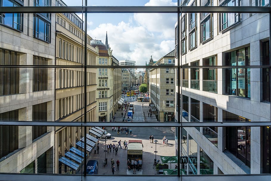 hamburg, shopping, architecture, window, glass, building, modern HD wallpaper