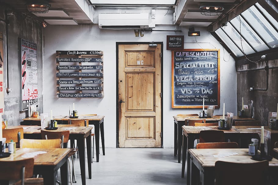 brown wooden door between table and chairs, interior, restaurant, HD wallpaper