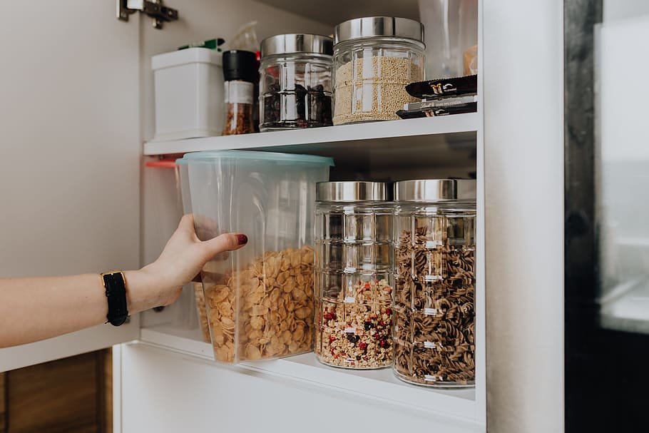 Containers of cereals in kitchen cupboard, breakfast, morning, HD wallpaper