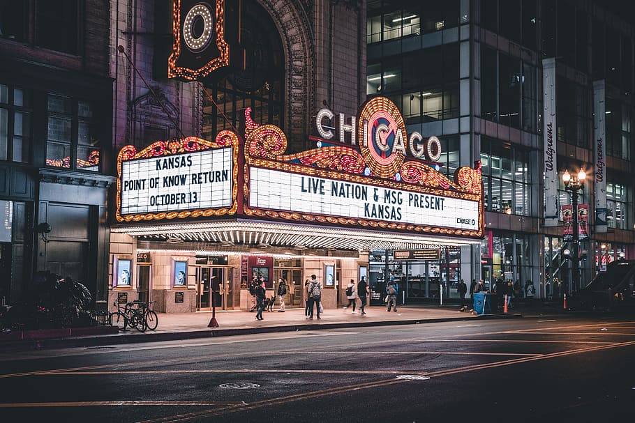 Chicago shop front, theater, theatre, street, people, bike, building, HD wallpaper