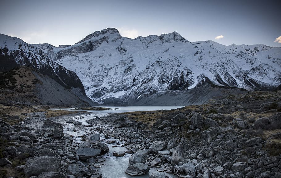 creek under glacier mountain and sky, mount cook, peak, landscape HD wallpaper