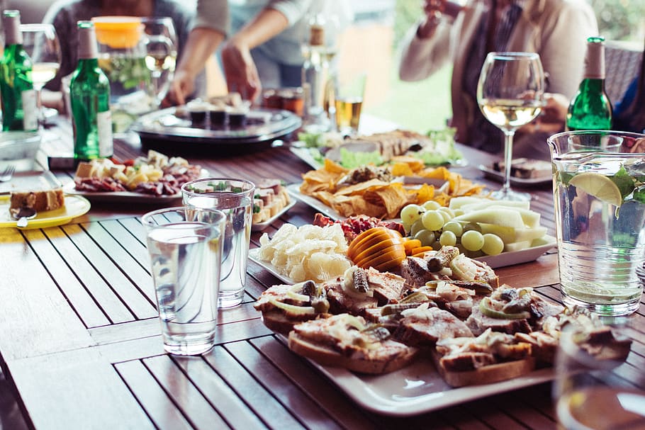 Food and drinks on a summer garden party, appetizer, feast, outside