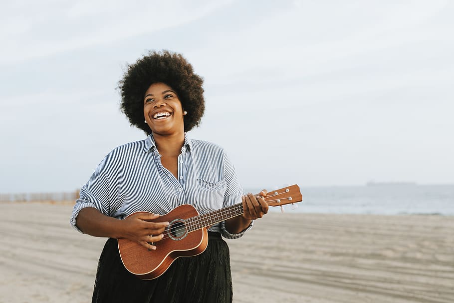Woman Playing Ukulele, adult, african, afro, beach, black, blue sky