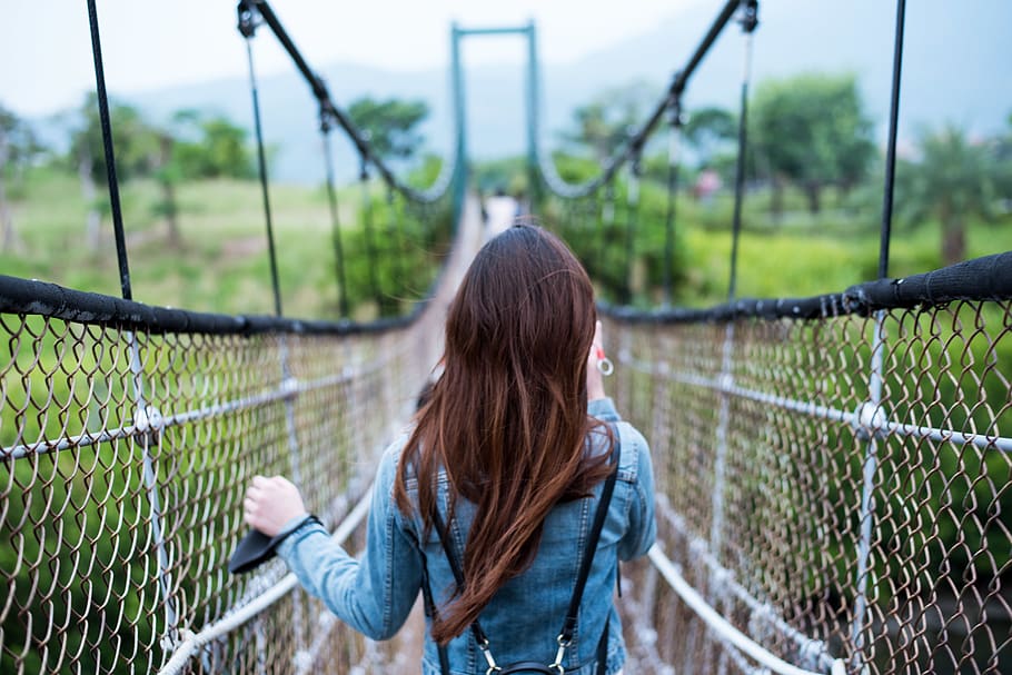Woman in Blue Long-sleeved Dress on Rope Bridge, back, barbed wire HD wallpaper