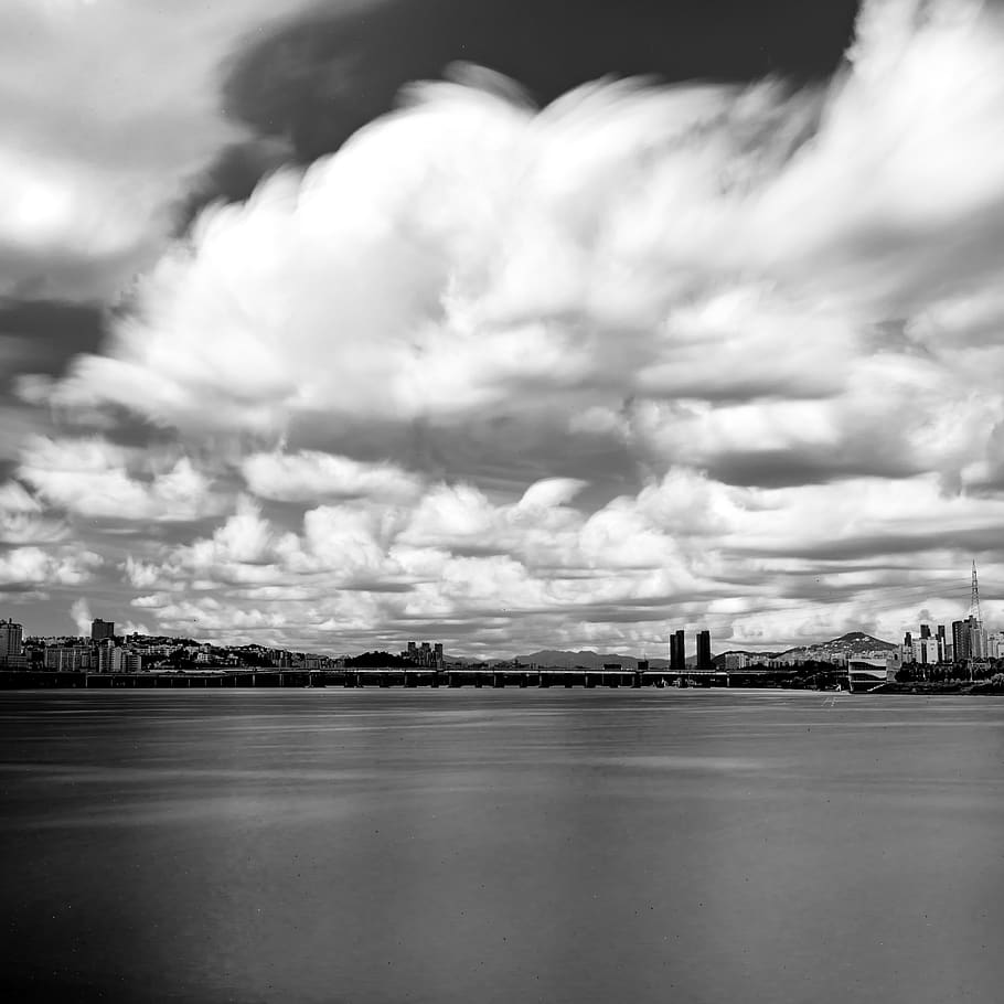 clouds, river, city, longexposure, cloud - sky, water, architecture HD wallpaper