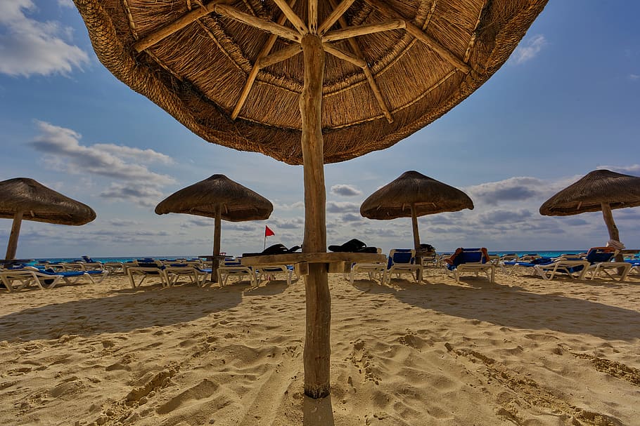 Photo of Mushroom Hut at the Beach, beach chairs, beach hut, clouds HD wallpaper