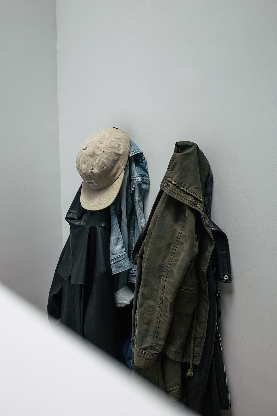 gray denim jacket hang on wal, weather, raincoat, hat, entrance HD wallpaper