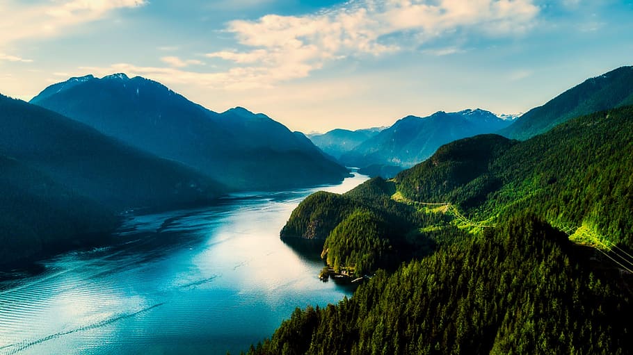 Mountains With River on Center Under Blue Sky, clouds, daylight HD wallpaper