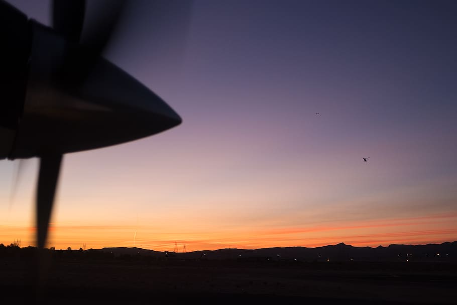 sunset, plane, sunrise, helicopter, runway, sky, silhouette HD wallpaper