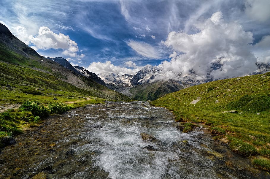 south tyrol, mountains, river, clouds, ortler, sky, italy, nature HD wallpaper