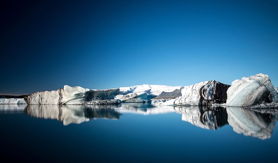 sky, blue, hill, snow, winter, water, reflection, cold temperature HD wallpaper