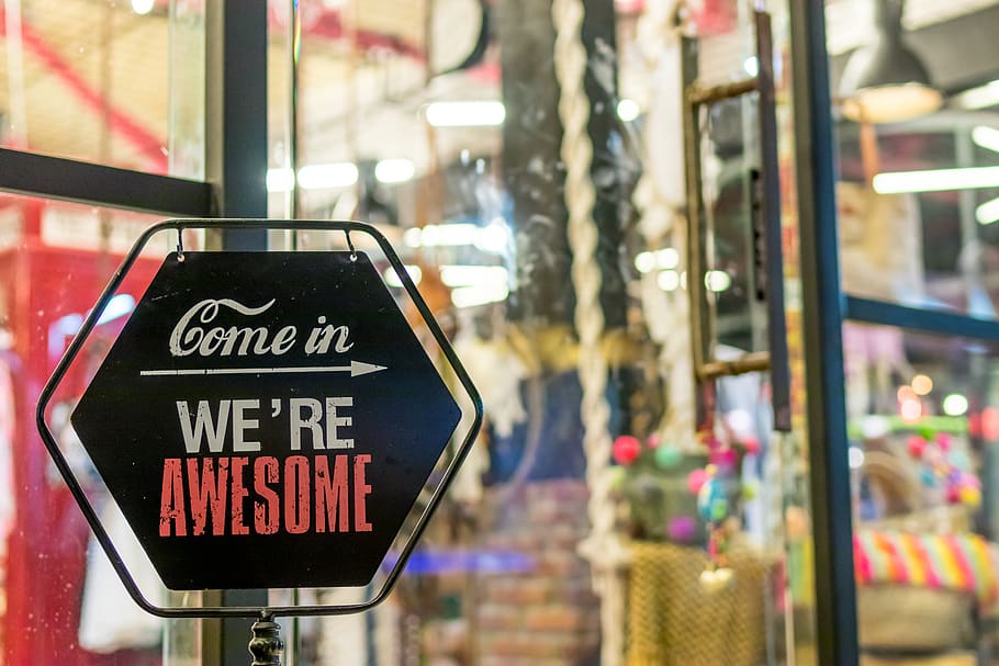 Come in We're Awesome Sign, advertisement, background, city, colors HD wallpaper
