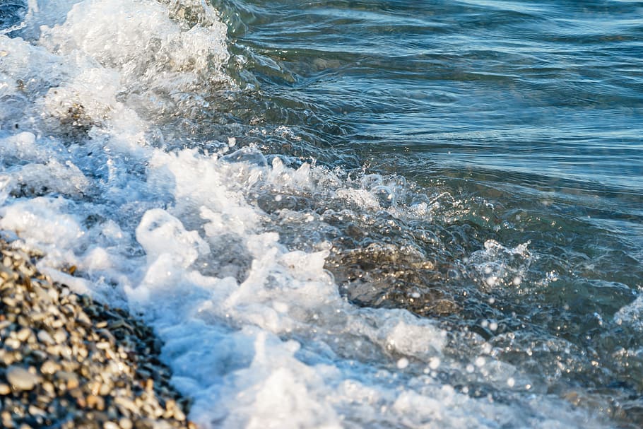beach, pebbles, foam, water, sea, motion, wave, sport, nature HD wallpaper