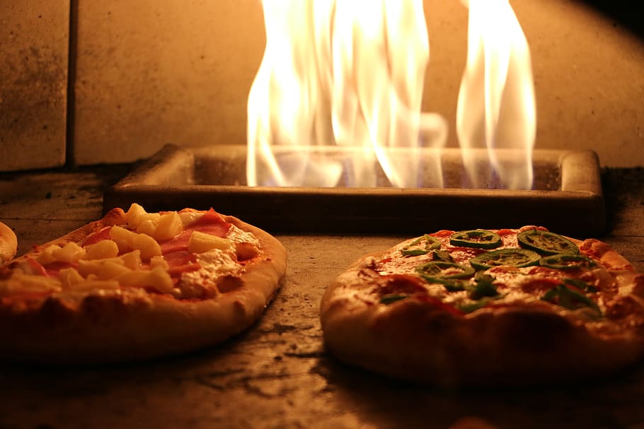 Two Pizza in Stove, cheese, crust, delicious, dough, fire, flame HD wallpaper