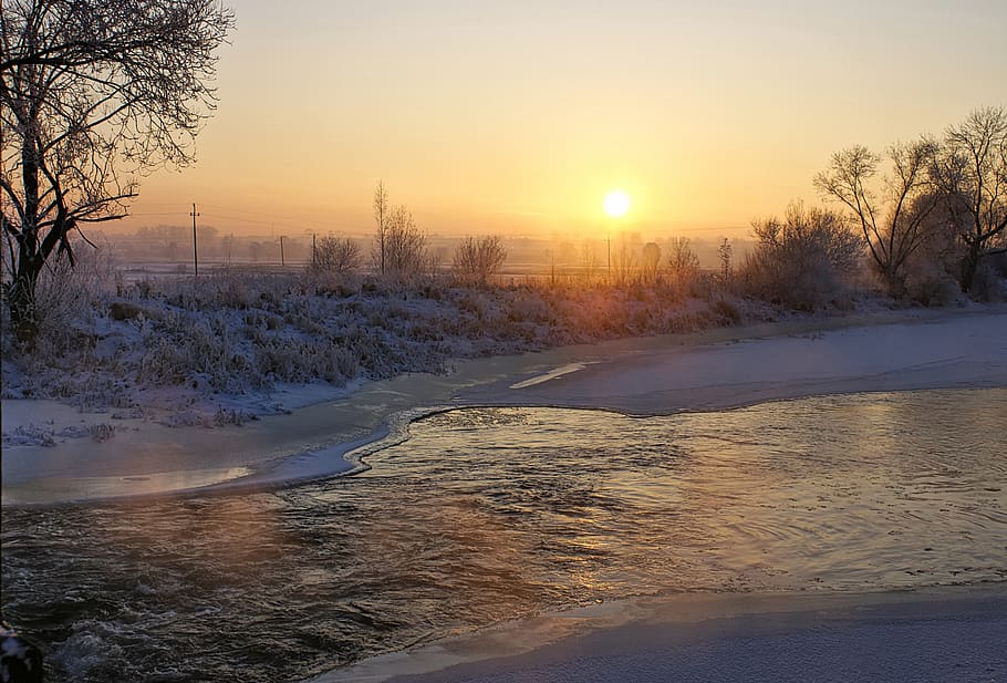 river, winter, sunset, frost, landscape, nature, snow, ice HD wallpaper