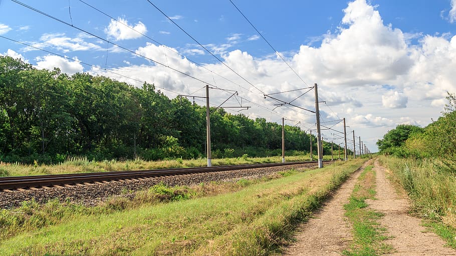 railway, rails, sky, trees, the way, elektrichka, road, sleepers HD wallpaper