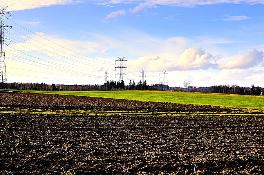 leżno, field, poles, sky, landscape, environment, electricity HD wallpaper