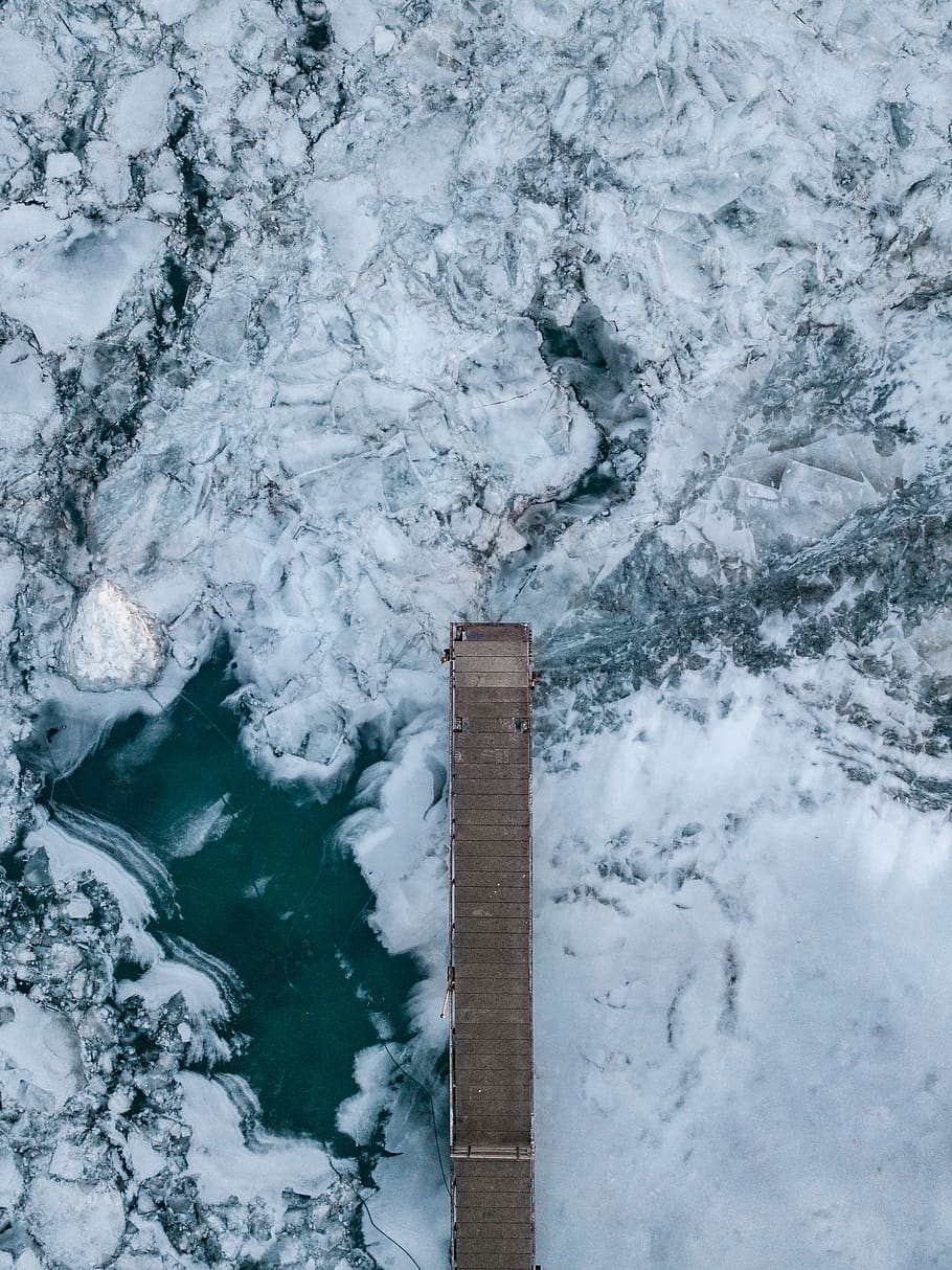 brown dock, cold temperature, winter, water, snow, nature, day HD wallpaper