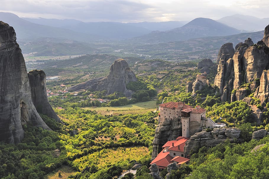 greece, meteora, landscape, rocks, monastery, mountain, scenics - nature, HD wallpaper