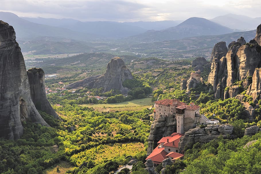 greece, meteora, landscape, rocks, monastery, mountain, scenics - nature HD wallpaper
