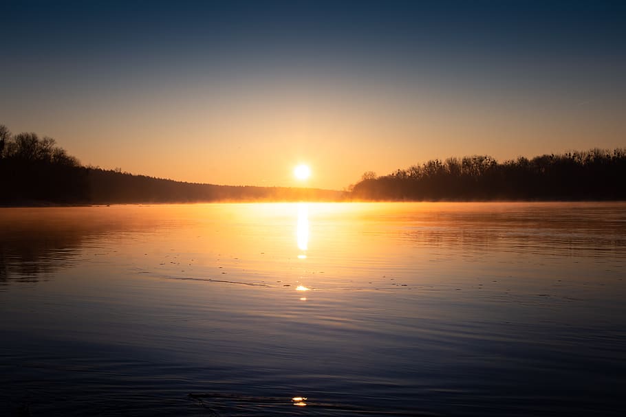 sunrise, river, elbe, water, landscape, mood, mirroring, elbeland community HD wallpaper