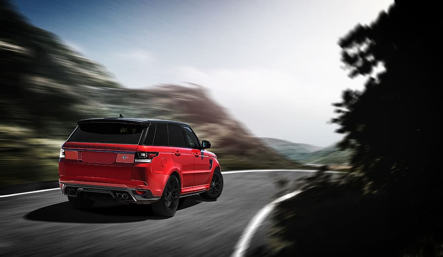 tree, red, rangerover, sport, race, driving, forest, woods HD wallpaper