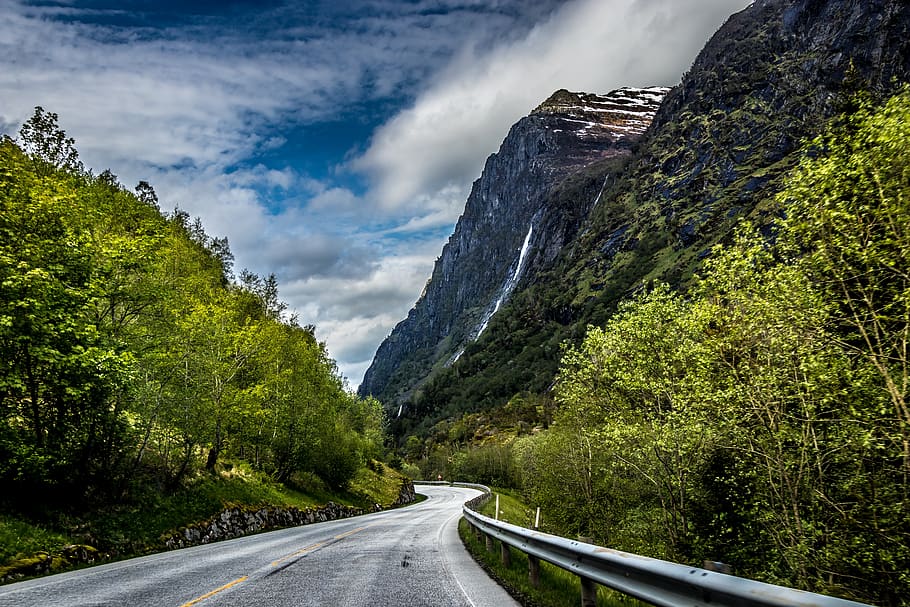 norway, mountains, clouds, sky, green, figure, landscape, travel HD wallpaper