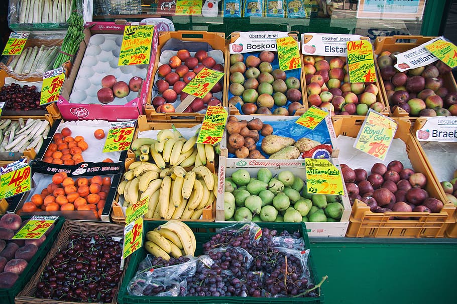 Fruit stand, agriculture, anona, apple, apples, banana, bananas