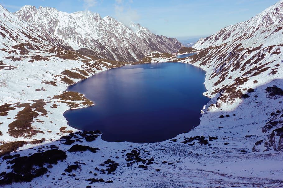 High-angle View of Body of Water in Between Snow-covered Mountain Range HD wallpaper