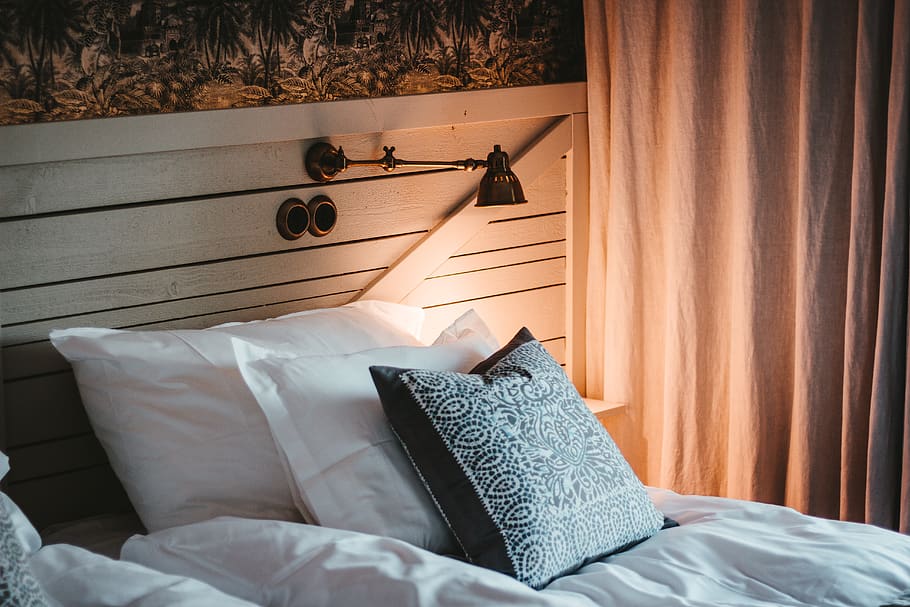 empty bed beside white curtain, room, cushion, bunn, sweden, interior design HD wallpaper