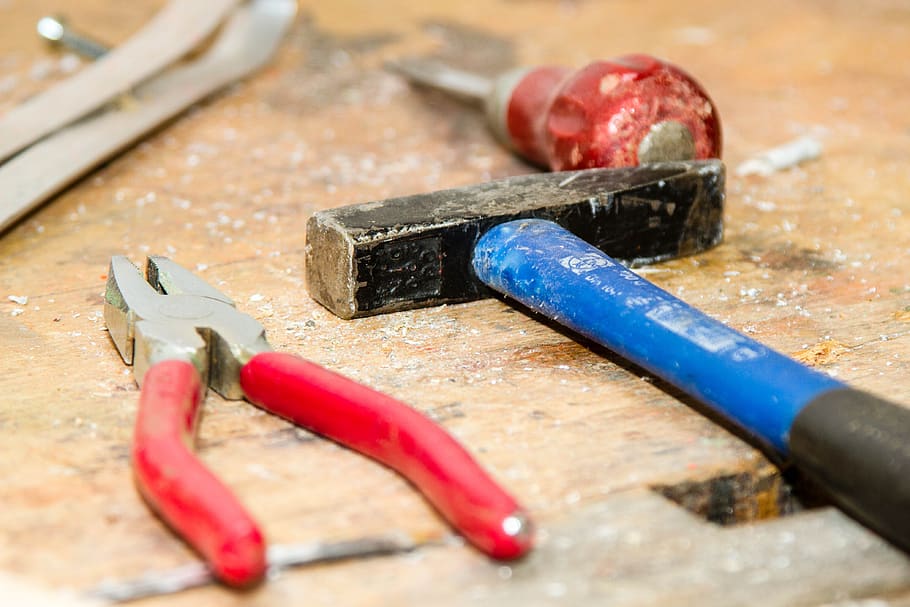 tools, hammer, pliers, work tool, red, wood - material, indoors HD wallpaper